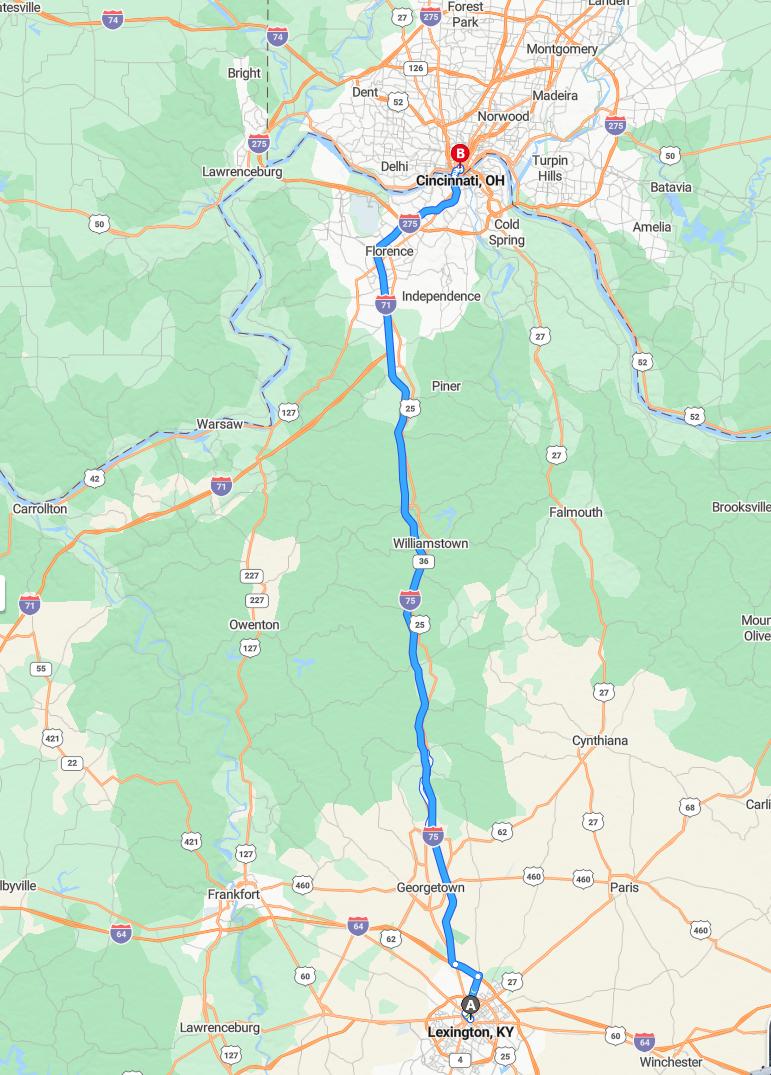 driving from Lexington, Kentucky to CincinnatiOhio - map and route