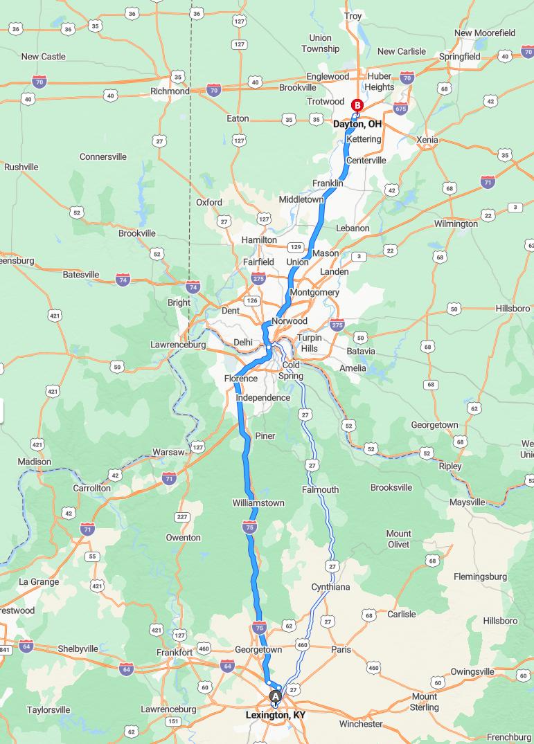 driving from Lexington, Kentucky to DaytonOhio - map and route