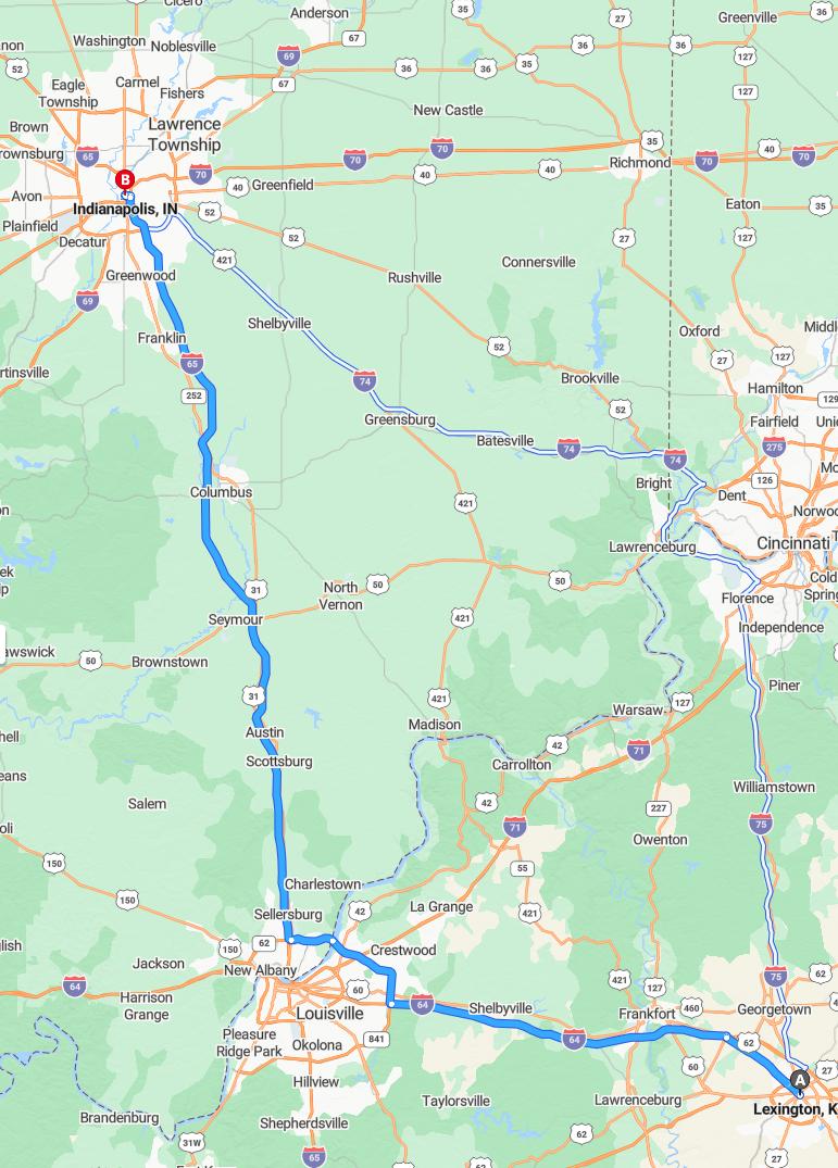driving from Lexington, Kentucky to IndianapolisIndiana - map and route