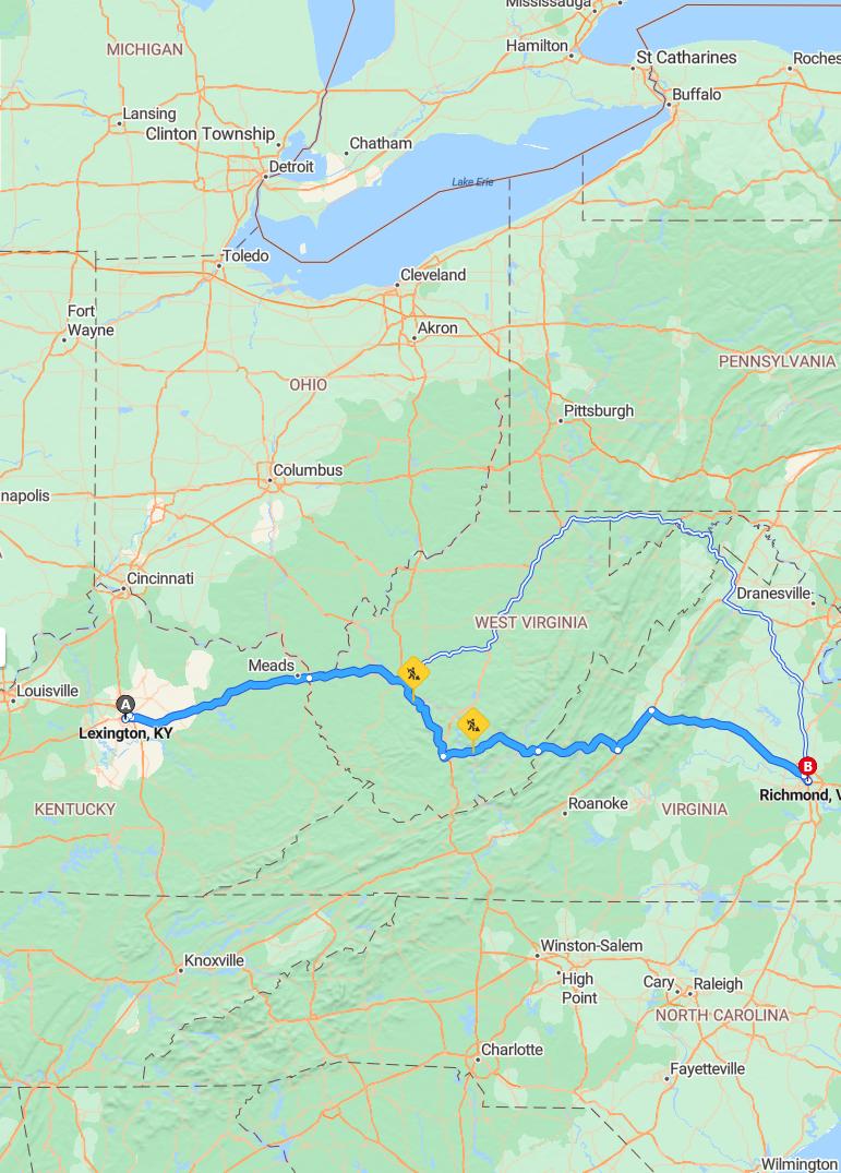 driving from Lexington, Kentucky to RichmondVirginia - map and route