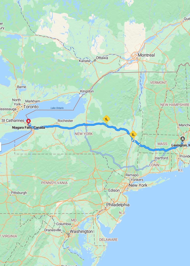 driving from Lexington, Massachusetts to Niagara FallsOntario - map and route