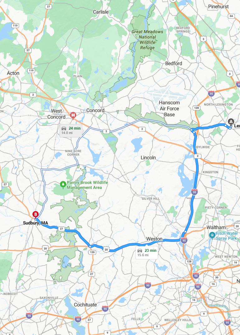 driving from Lexington, Massachusetts to SudburyMassachusetts - map and route