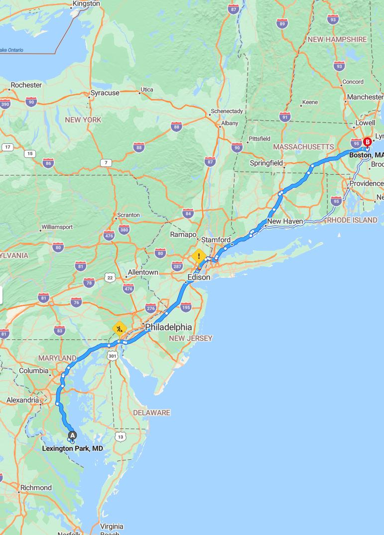 driving from Lexington Park, Maryland to BostonMassachusetts - map and route
