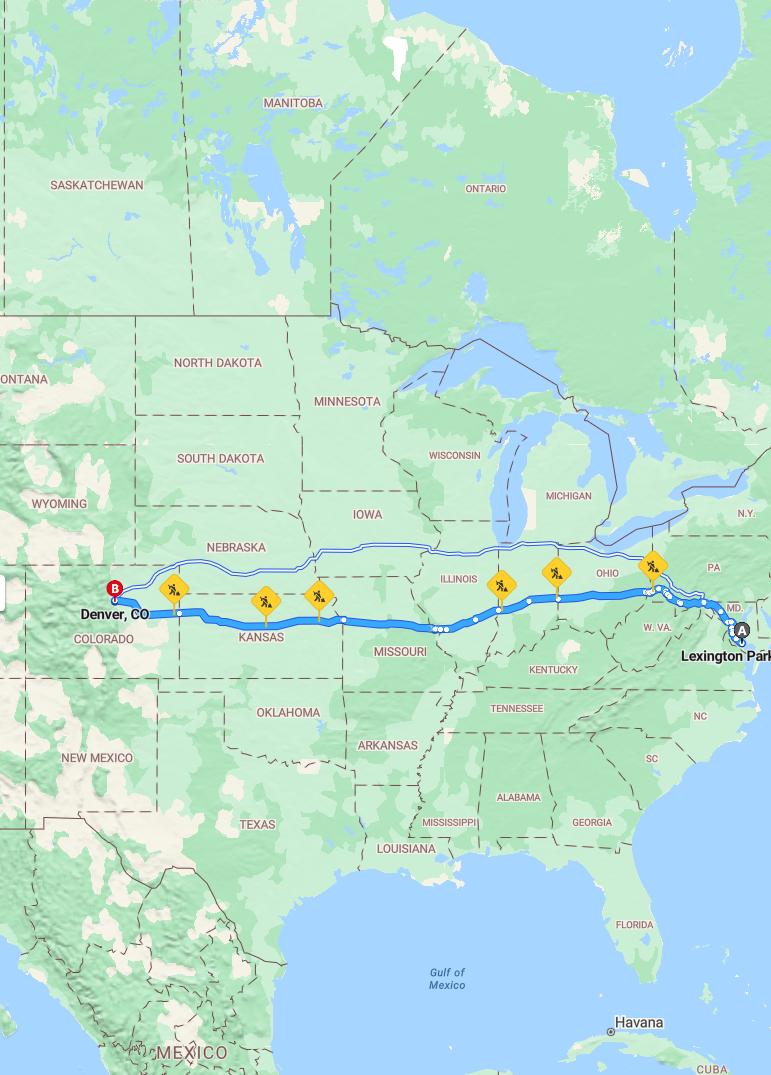 driving from Lexington Park, Maryland to DenverColorado - map and route