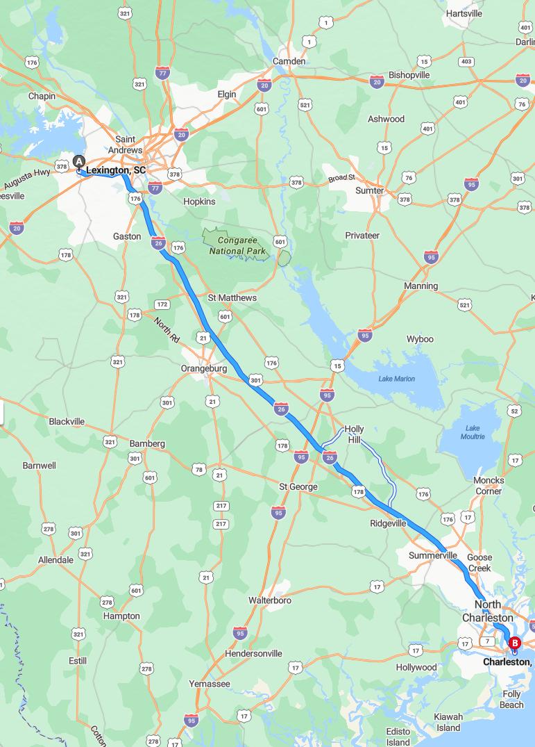 driving from Lexington, South Carolina to CharlestonSouth Carolina - map and route
