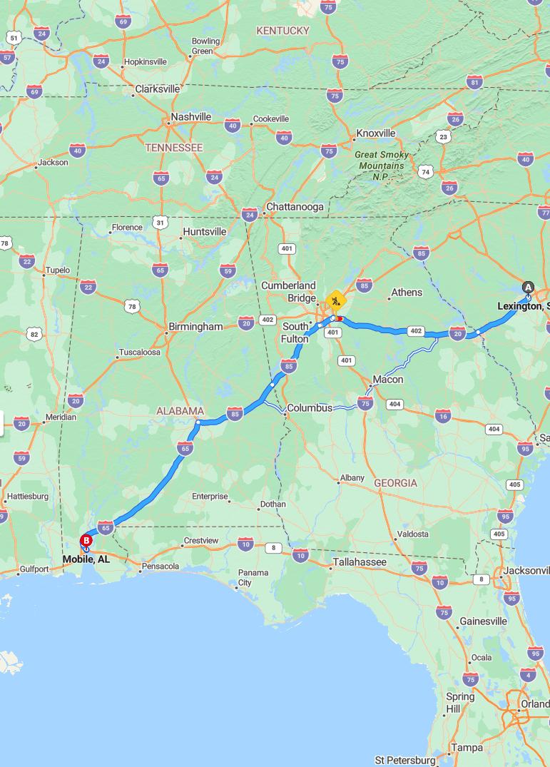 driving from Lexington, South Carolina to MobileAlabama - map and route