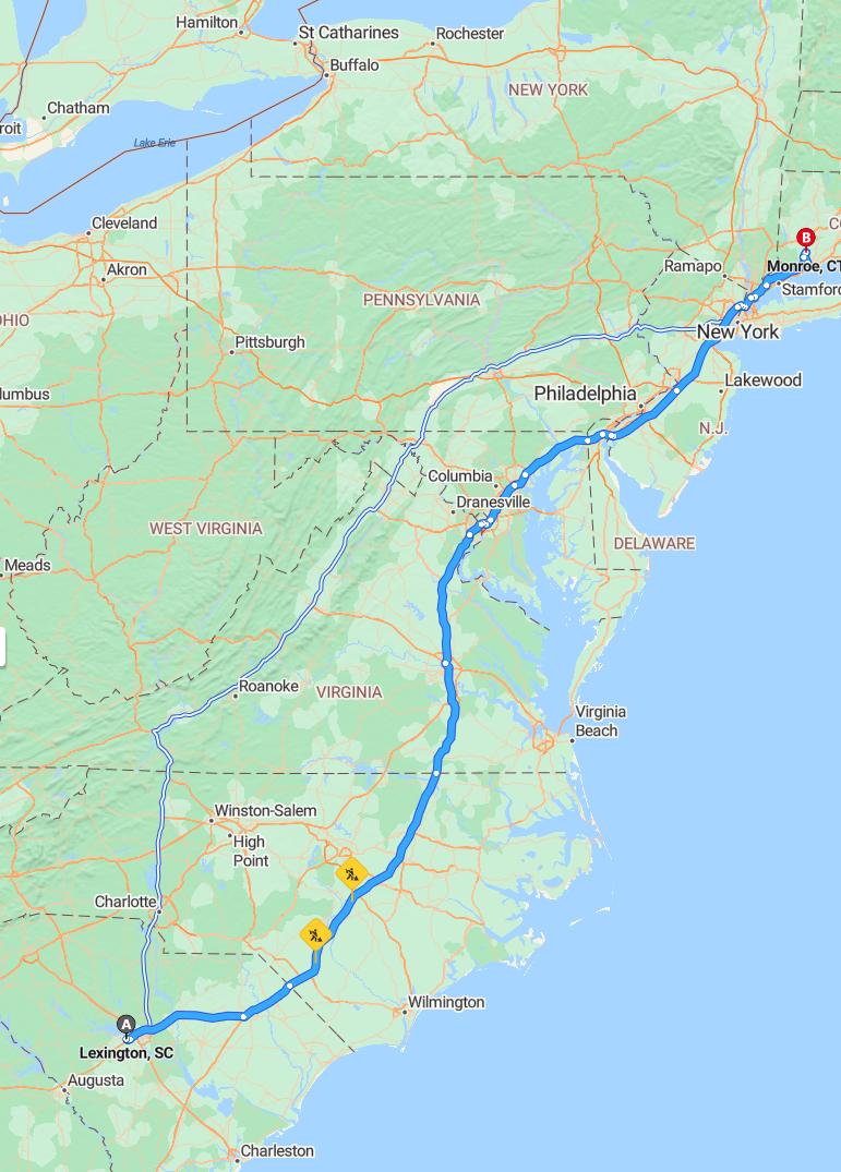 driving from Lexington, South Carolina to MonroeConnecticut - map and route