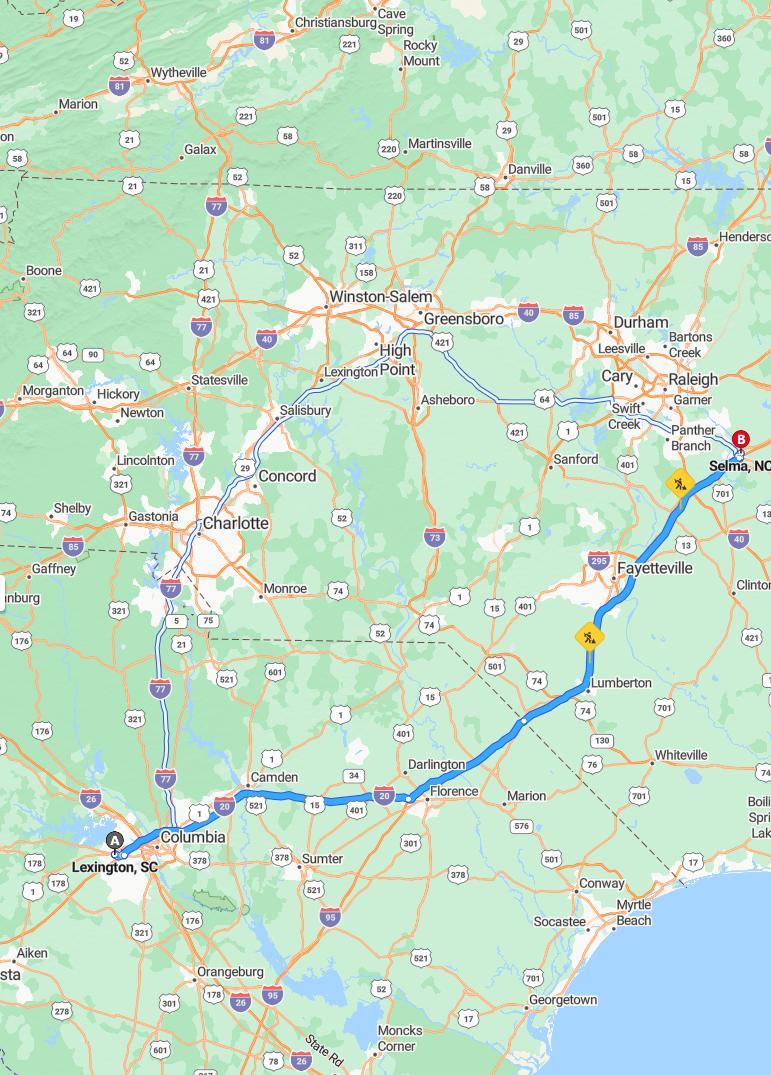 driving from Lexington, South Carolina to SelmaNorth Carolina - map and route