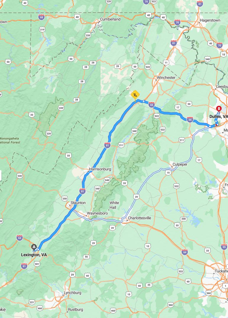 driving from Lexington, Virginia to DullesVirginia - map and route