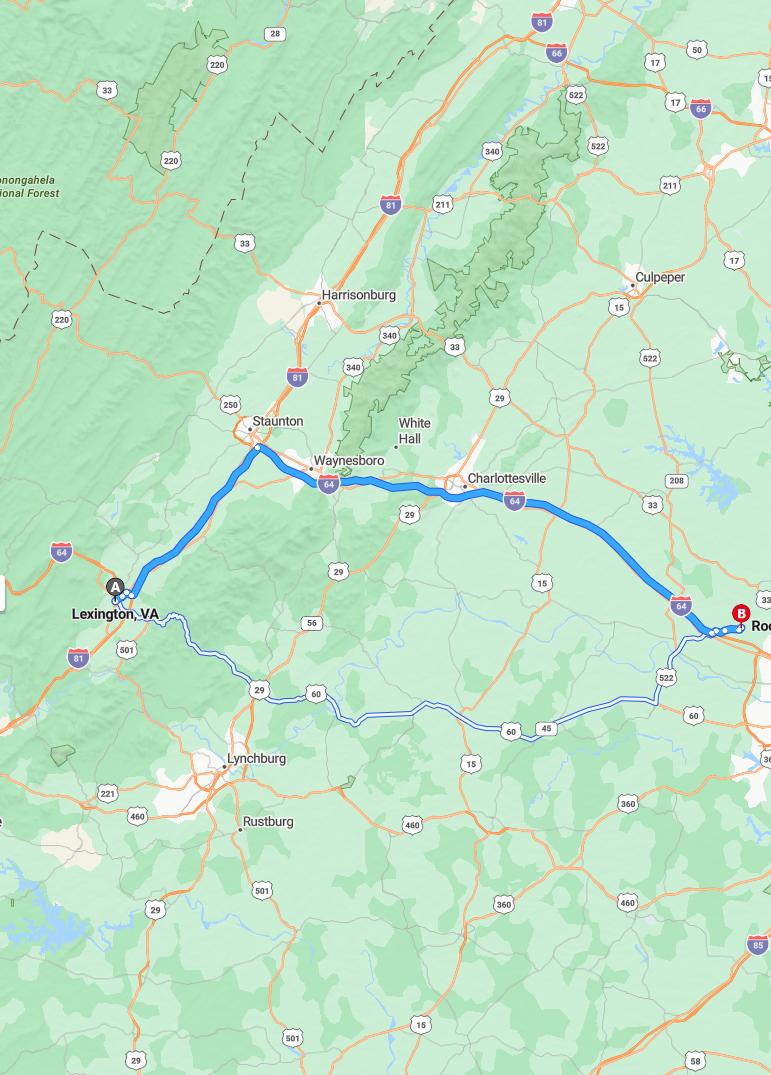 driving from Lexington, Virginia to RockvilleVirginia - map and route