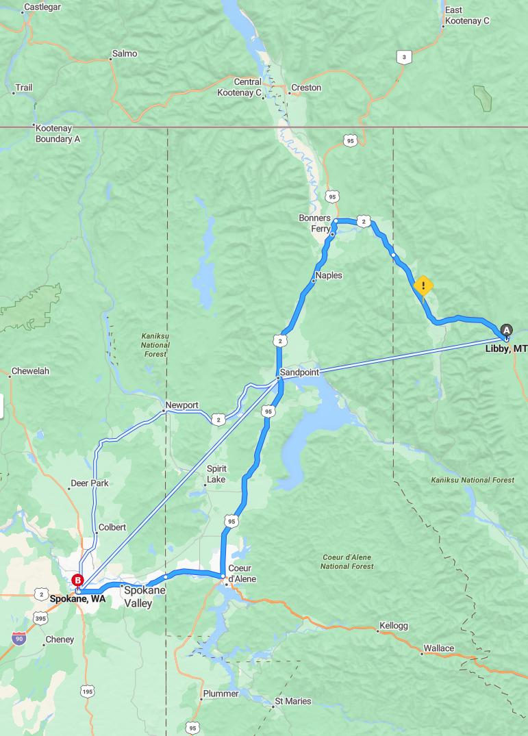 driving from Libby, Montana to SpokaneWashington - map and route
