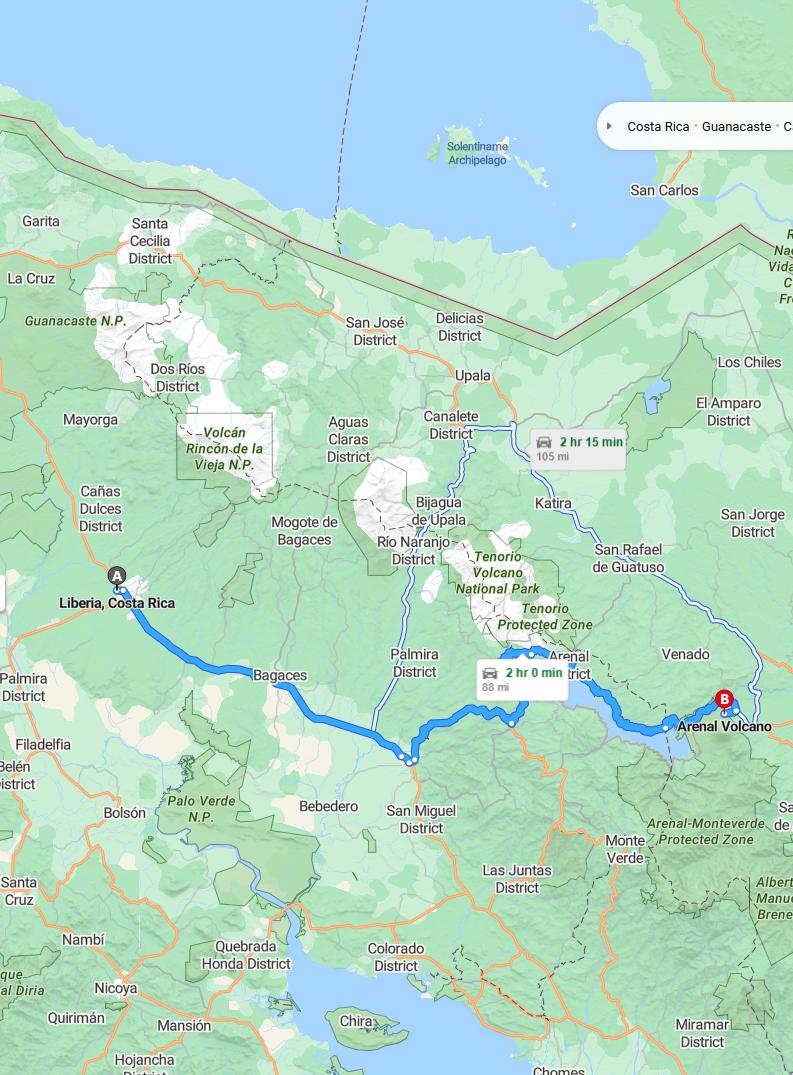 driving from Liberia, Costa Rica to ArenalCosta Rica - map and route