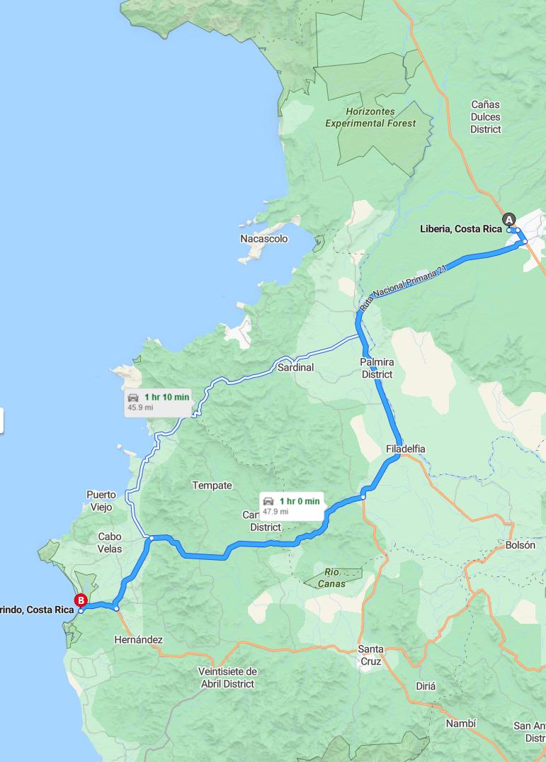 driving from Liberia, Costa Rica to TamarindoCosta Rica - map and route