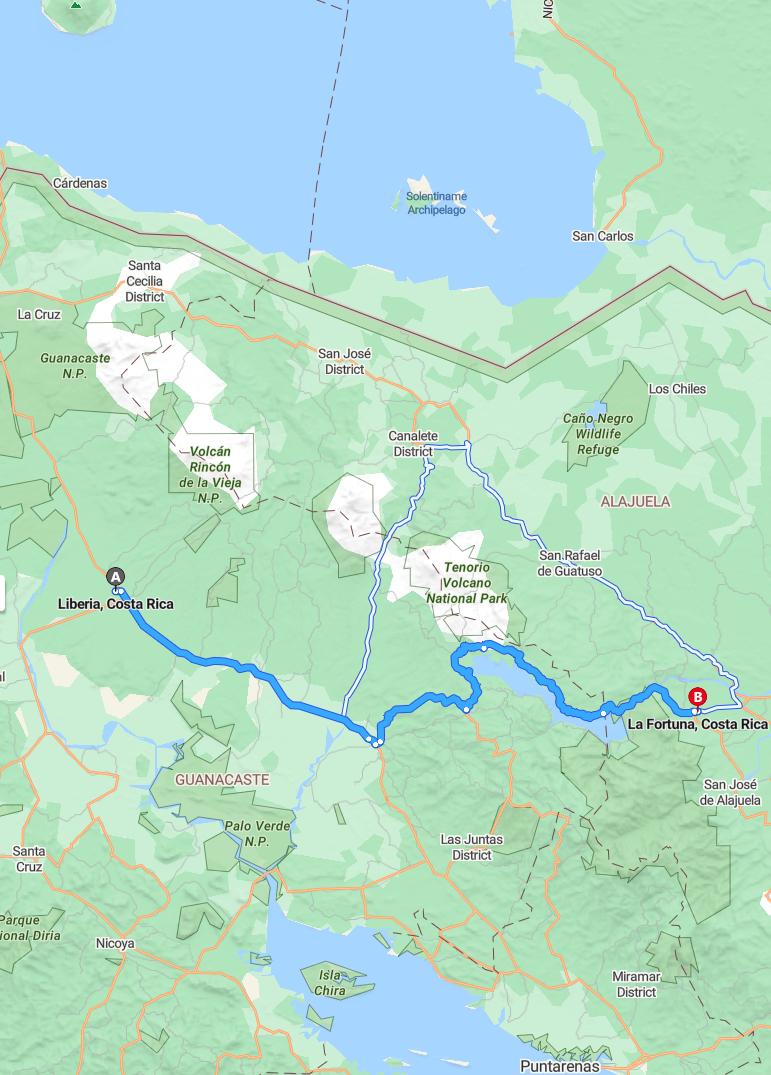 driving from Liberia, Guanacaste to FortunaAlajuela - map and route