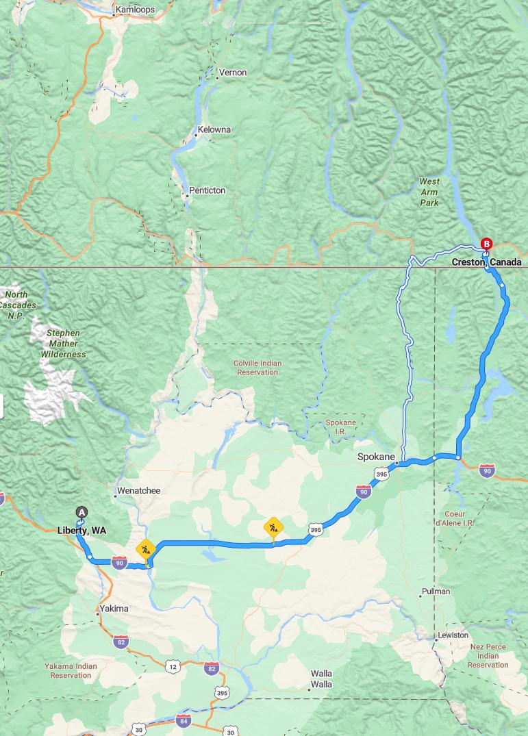 driving from Liberty, Washington to CrestonBritish Columbia - map and route