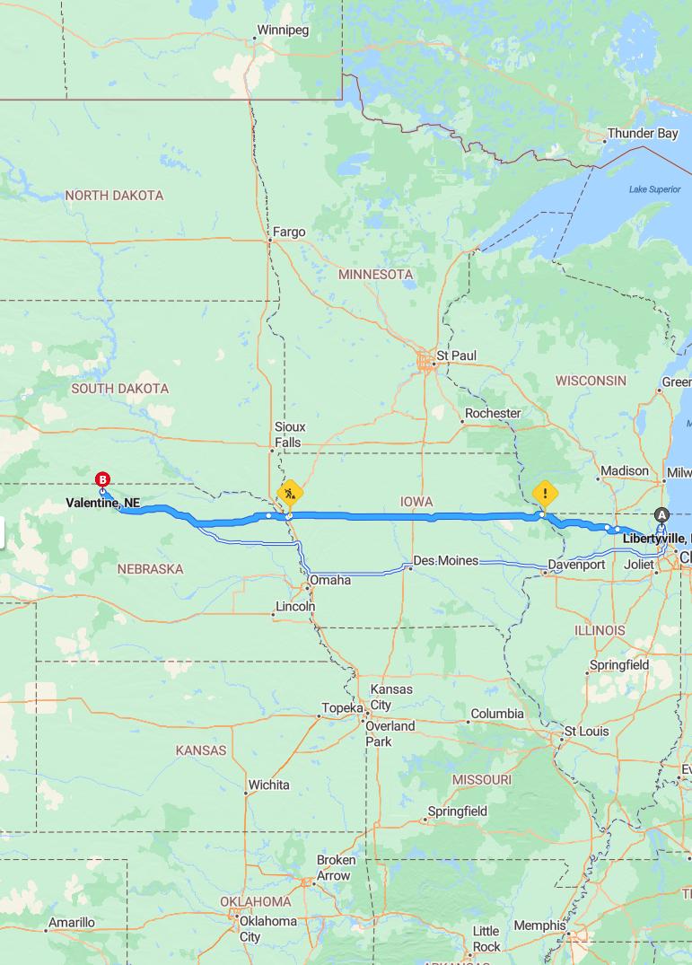 driving from Libertyville, Illinois to ValentineNebraska - map and route