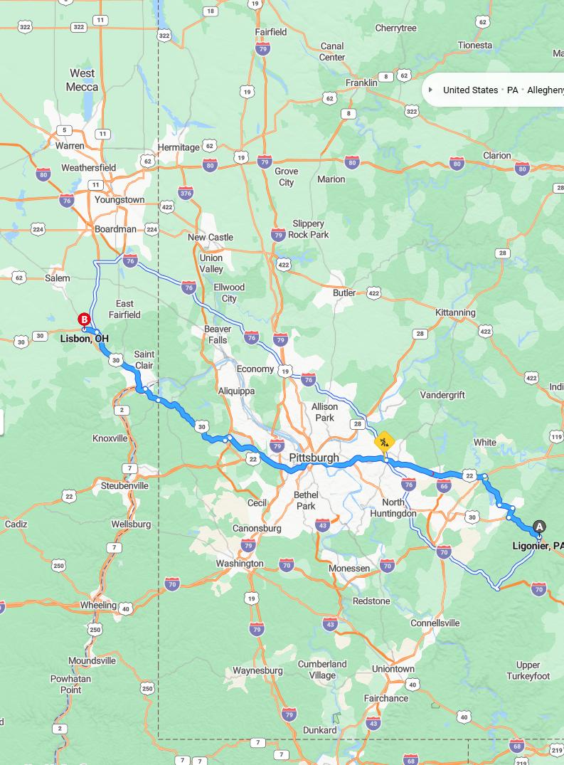 driving from Ligoner, Pennsylvania to LisbonOhio - map and route
