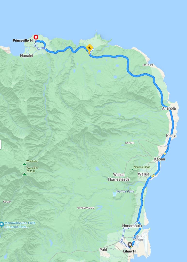 driving from Lihue, Hawaii to PrincevilleHawaii - map and route