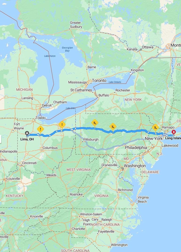 driving from Lima, Ohio to Long IslandNew York - map and route