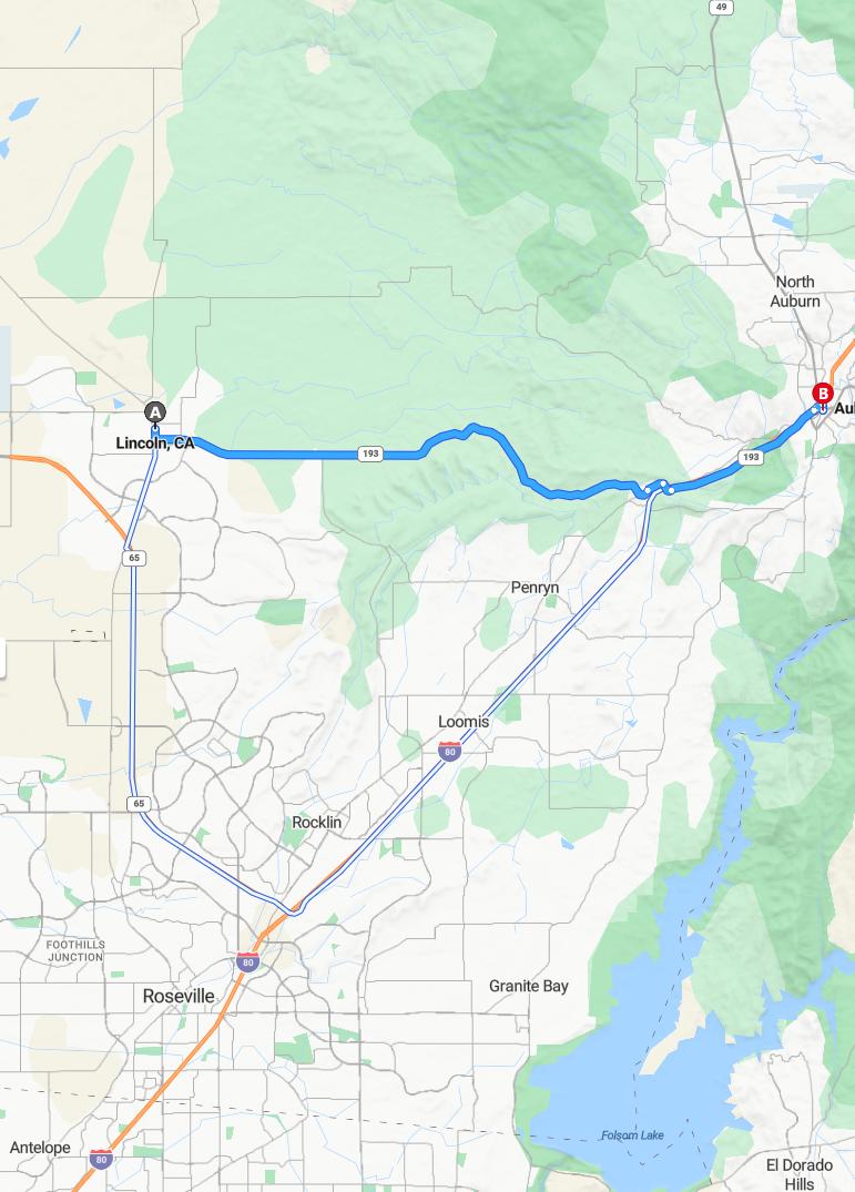 driving from Lincoln, California to AuburnCalifornia - map and route