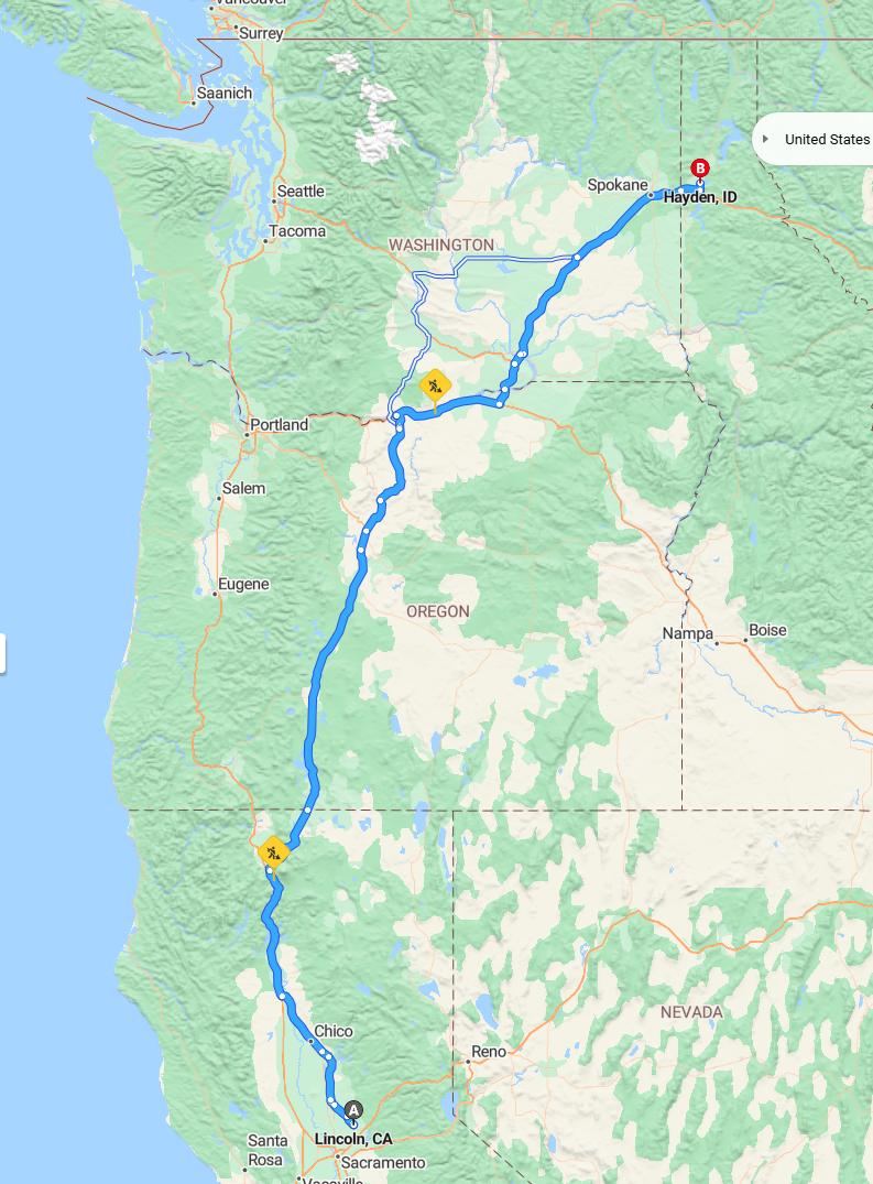 driving from Lincoln, California to HaydenIdaho - map and route