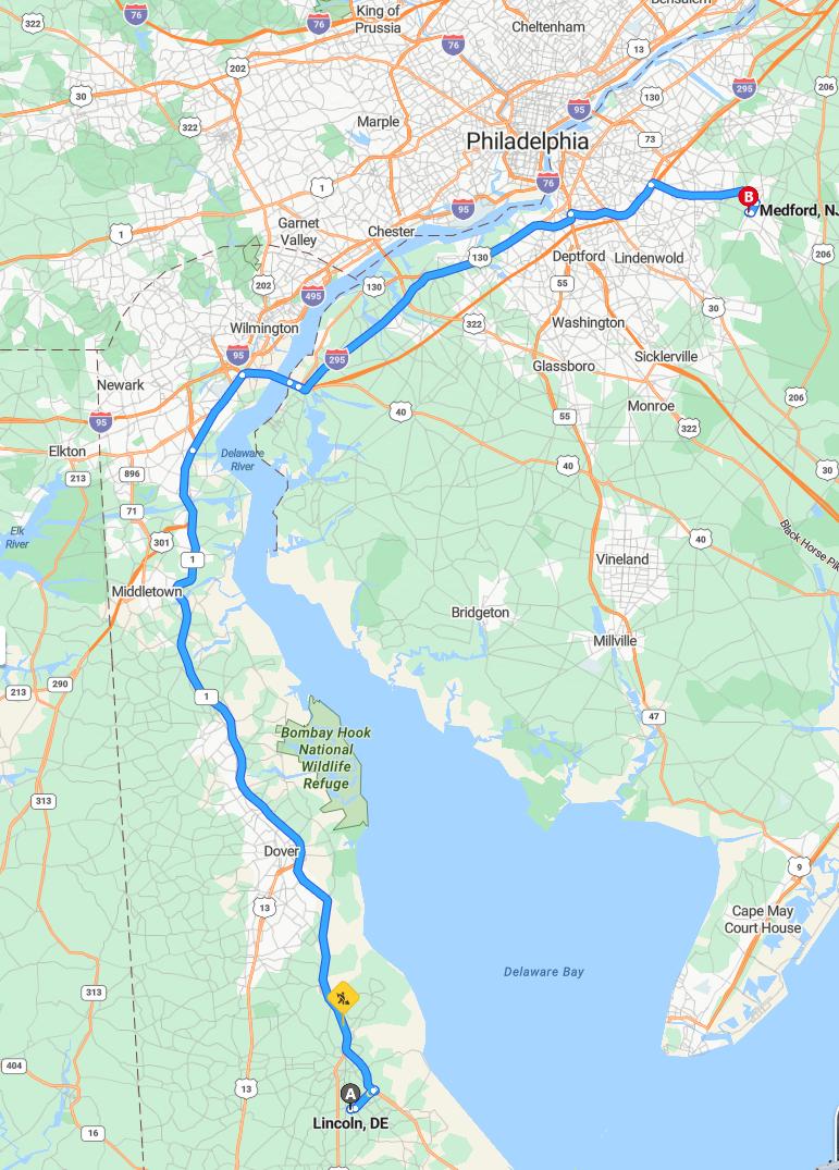 driving from Lincoln, Delaware to MedfordNew Jersey - map and route