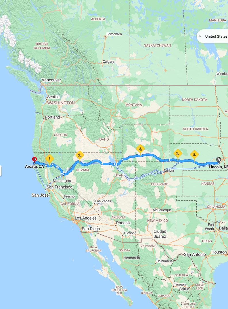 driving from Lincoln, Nebraska to ArcataCalifornia - map and route