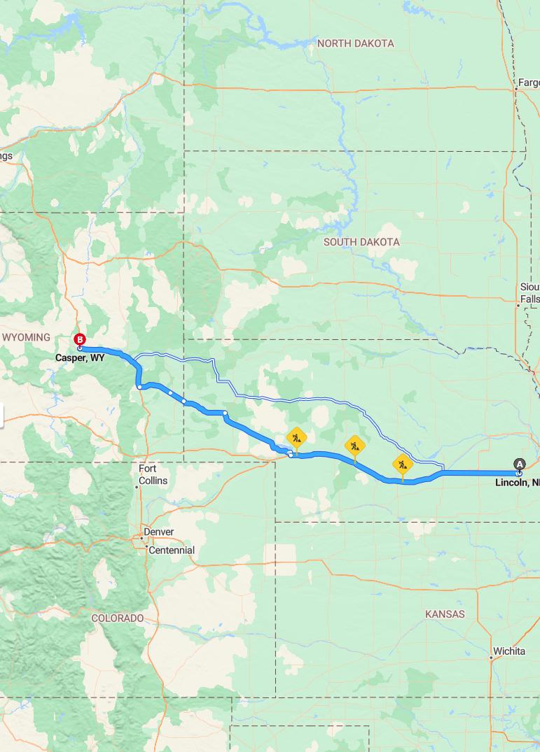 driving from Lincoln, Nebraska to CasperWyoming - map and route