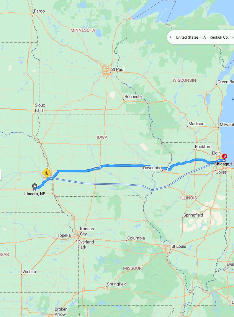 driving from Lincoln, Nebraska to ChicagoIllinois - map and route