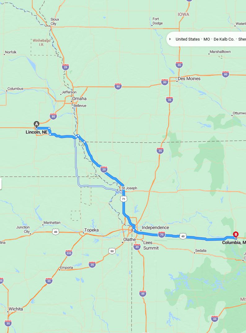driving from Lincoln, Nebraska to ColumbiaMissouri - map and route