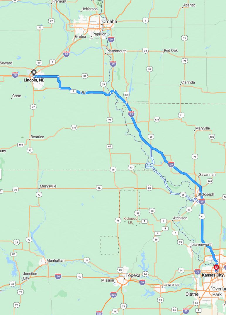 driving from Lincoln, Nebraska to Kansas CityKansas - map and route