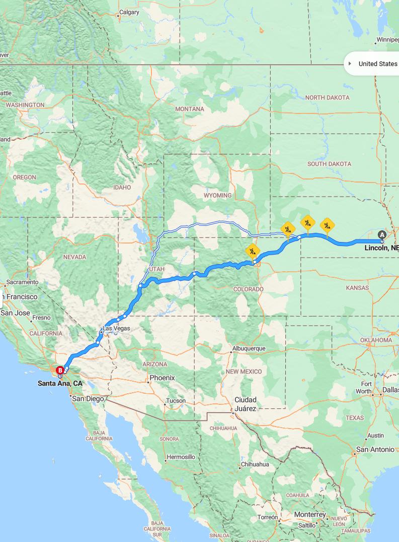 driving from Lincoln, Nebraska to Santa AnaCalifornia - map and route