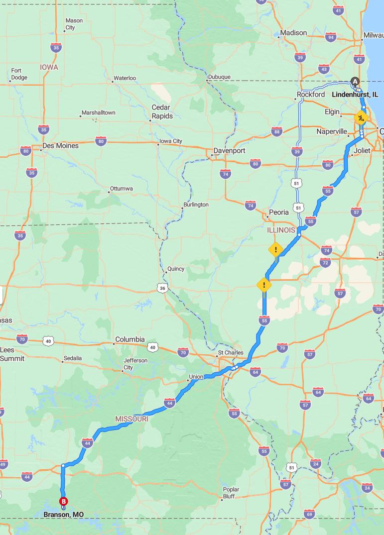 driving from Lindenhurst, Illinois to BransonMissouri - map and route