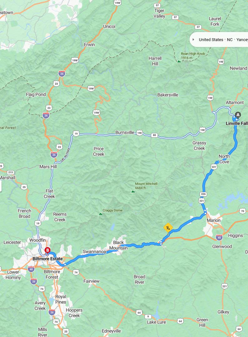 driving from Linville Falls, North Carolina to Biltmore EstateNorth Carolina - map and route
