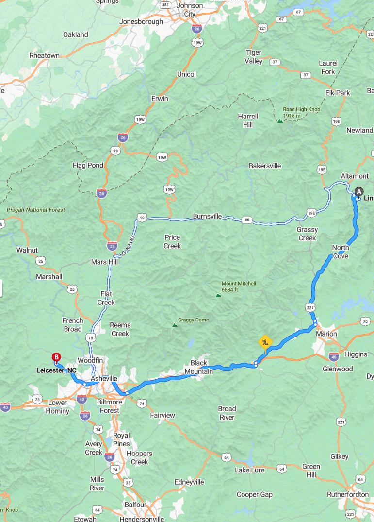 driving from Linville Falls, North Carolina to LeicesterNorth Carolina - map and route