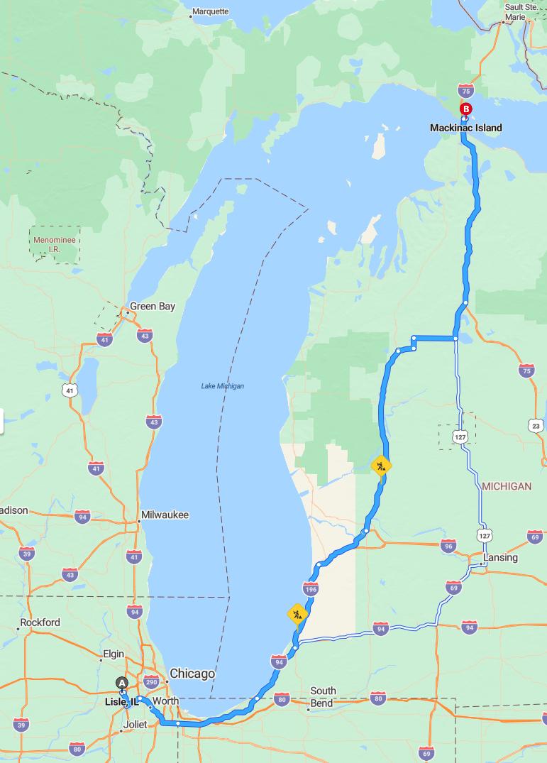 driving from Lisle, Illinois to Mackinac IslandMichigan - map and route