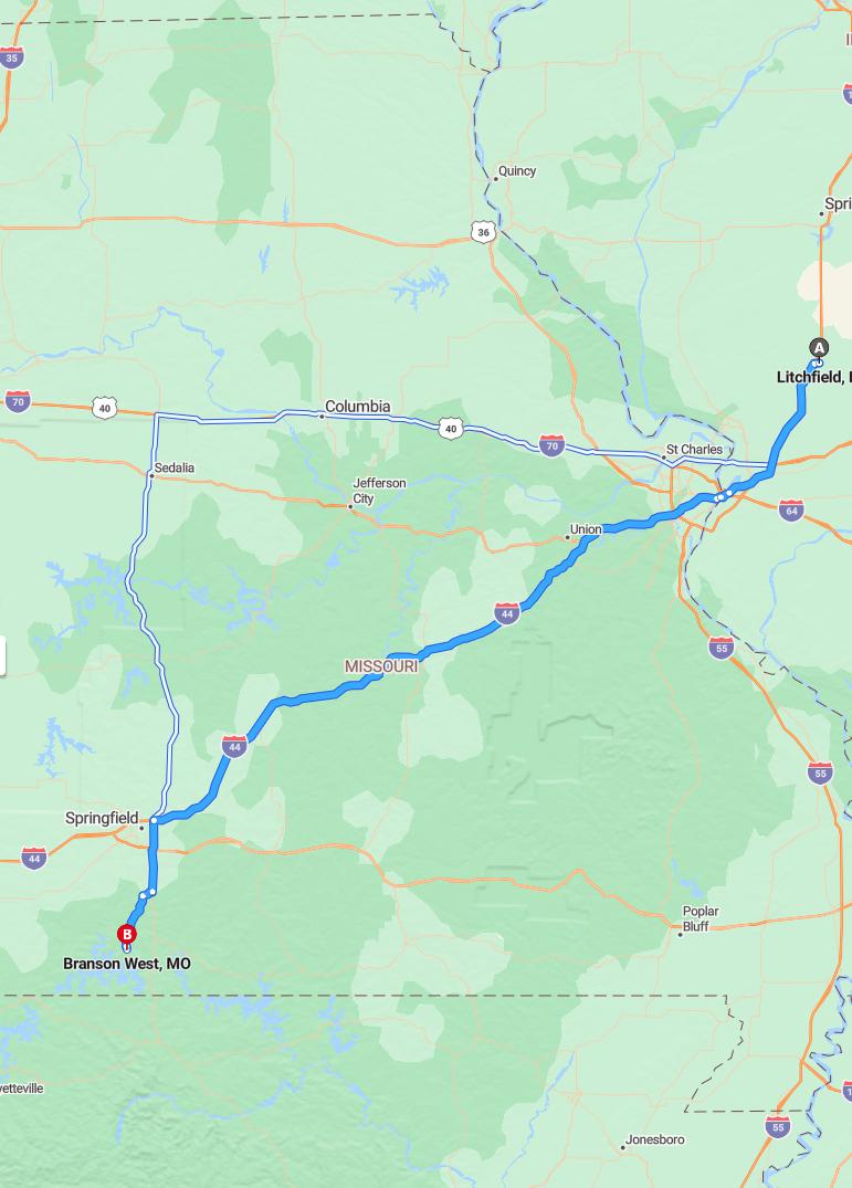 driving from Litchfield, Illinois to Branson WestMissouri - map and route