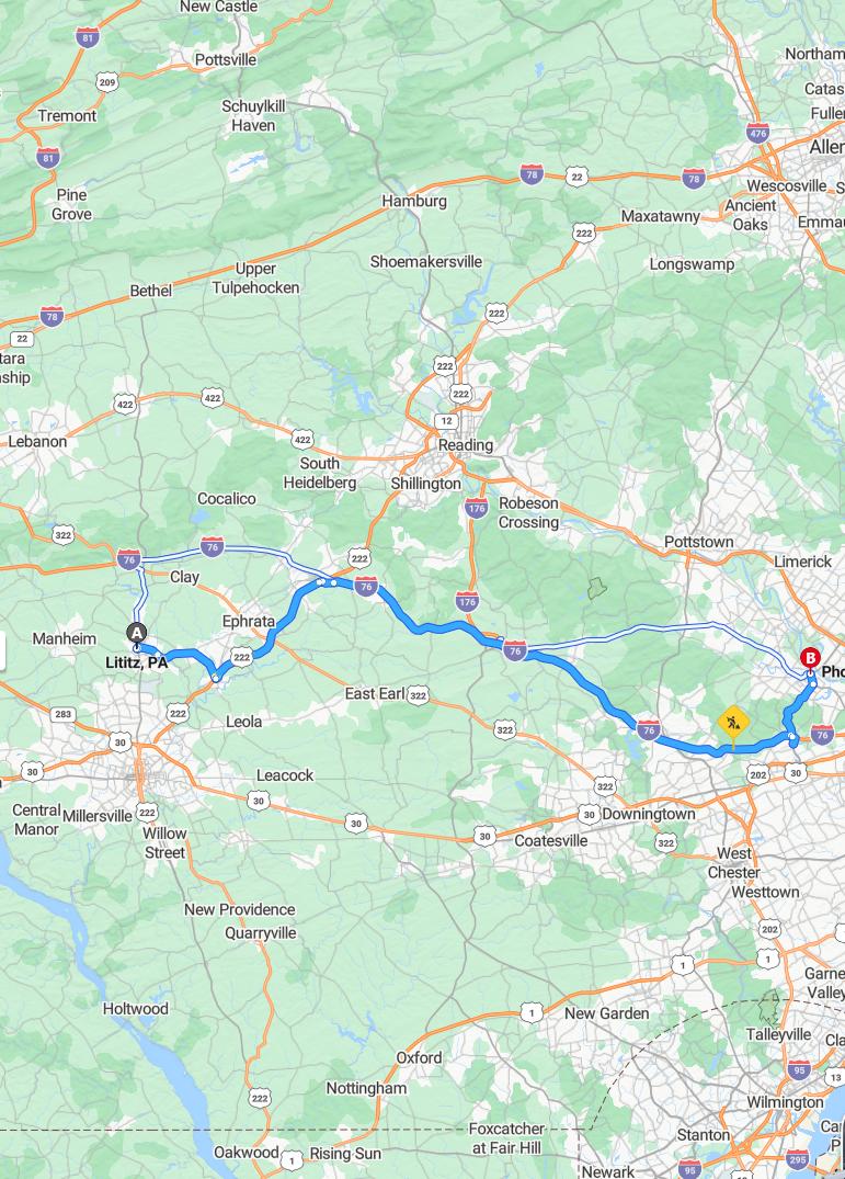 driving from Lititz, Pennsylvania to PhoenixvillePennsylvania - map and route