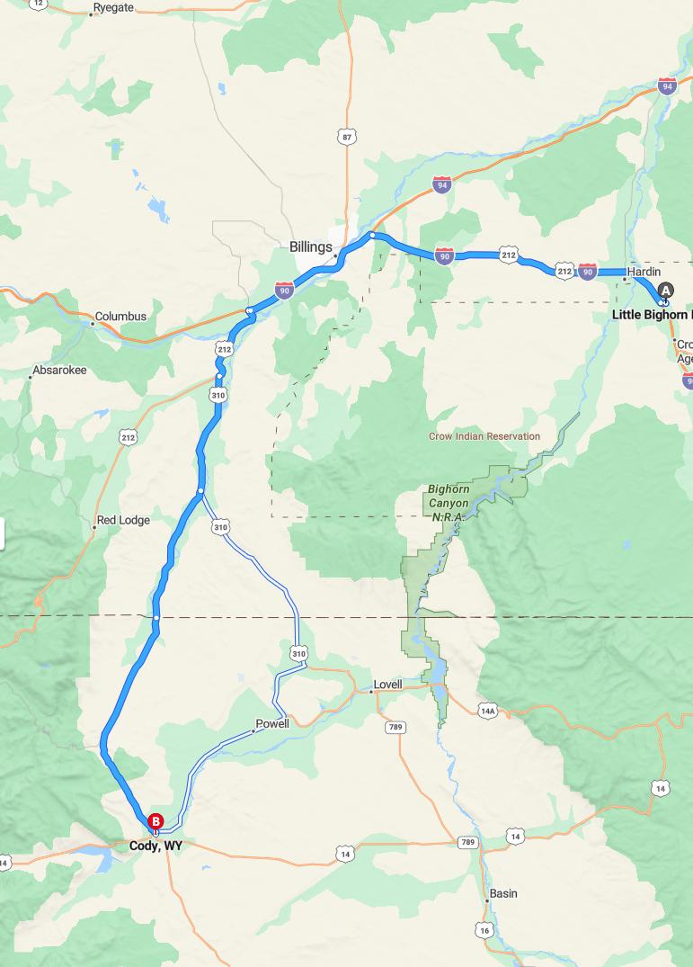 driving from Little Bighorn, Montana to CodyWyoming - map and route