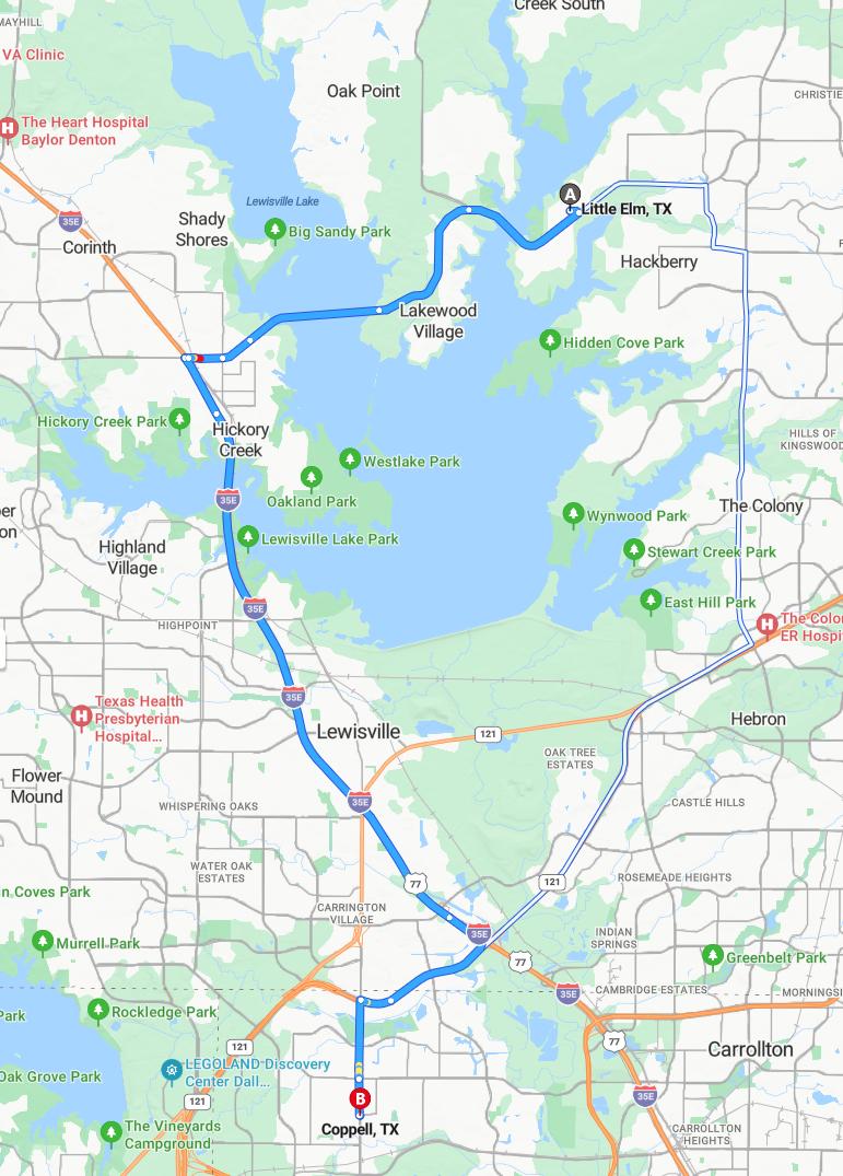 driving from Little Elm, Texas to CoppellTexas - map and route
