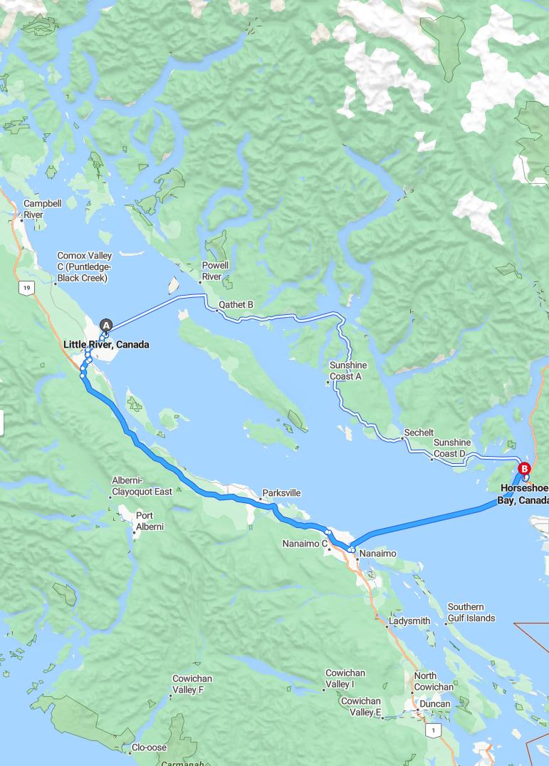driving from Little River, British Columbia to Horseshoe BayBritish Columbia - map and route