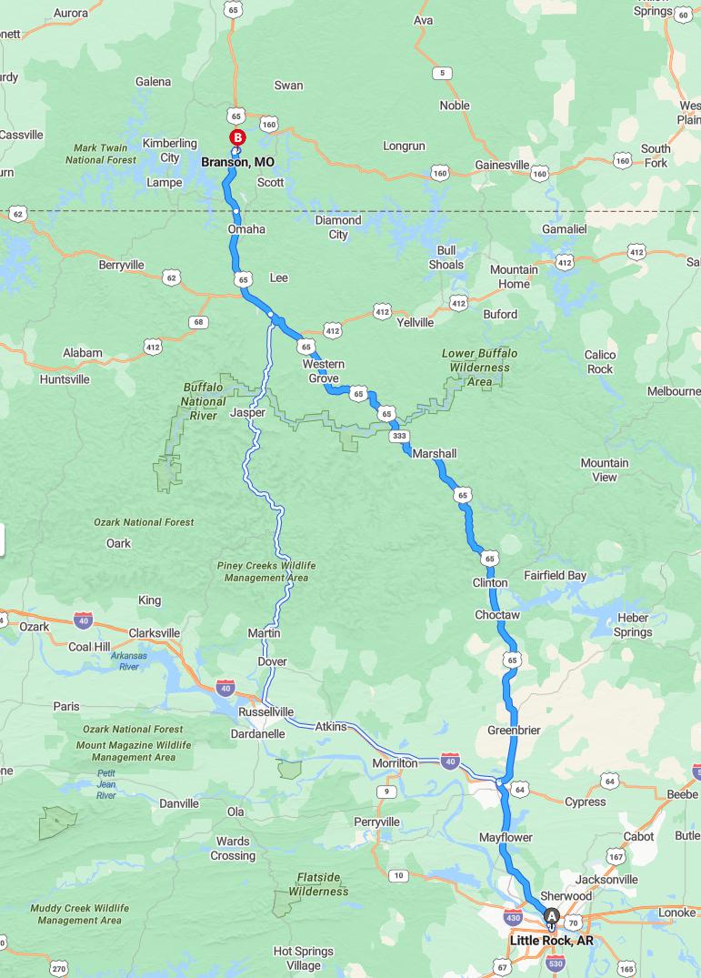 driving from Little Rock, Arkansas to BransonMissouri - map and route