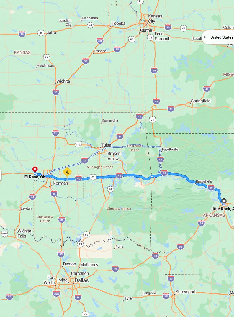 driving from Little Rock, Arkansas to El RenoOklahoma - map and route
