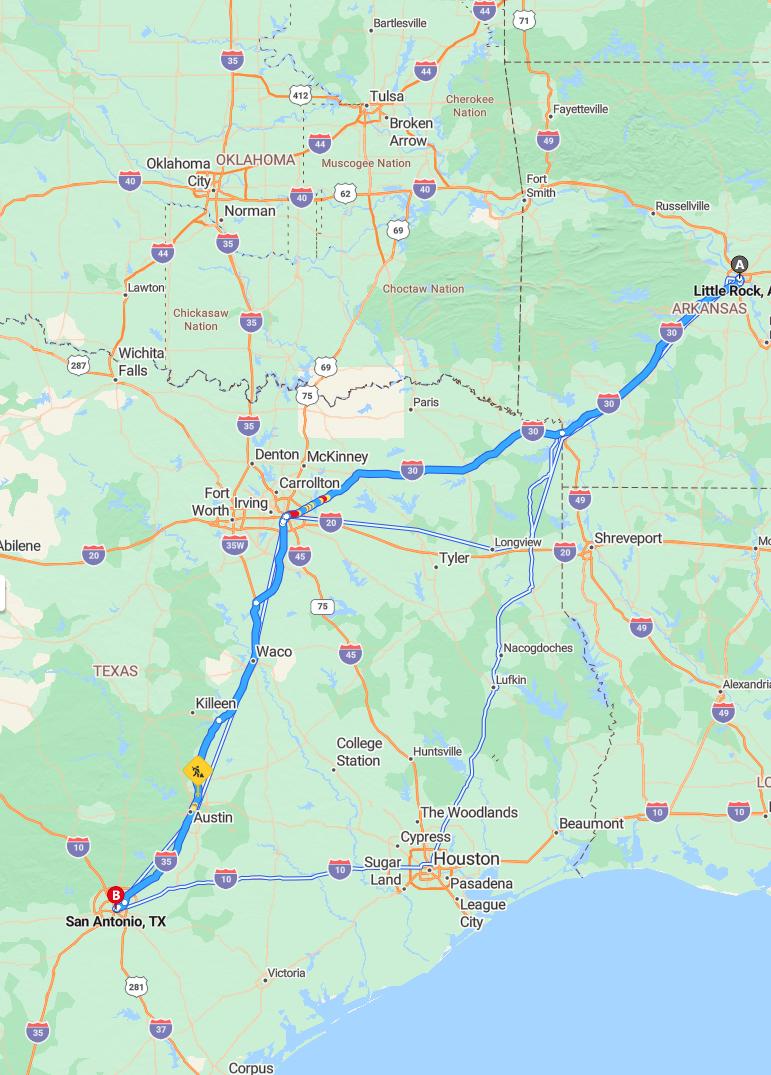 driving from Little Rock, Arkansas to San AntonioTexas - map and route