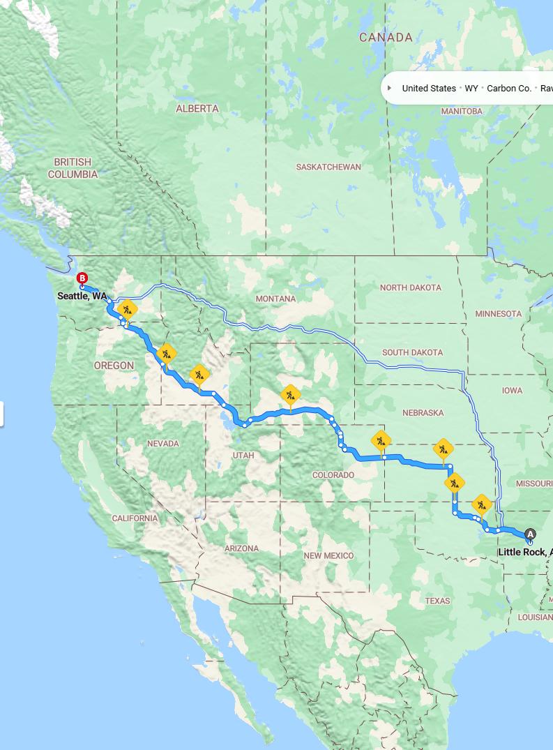 driving from Little Rock, Arkansas to SeattleWashington - map and route
