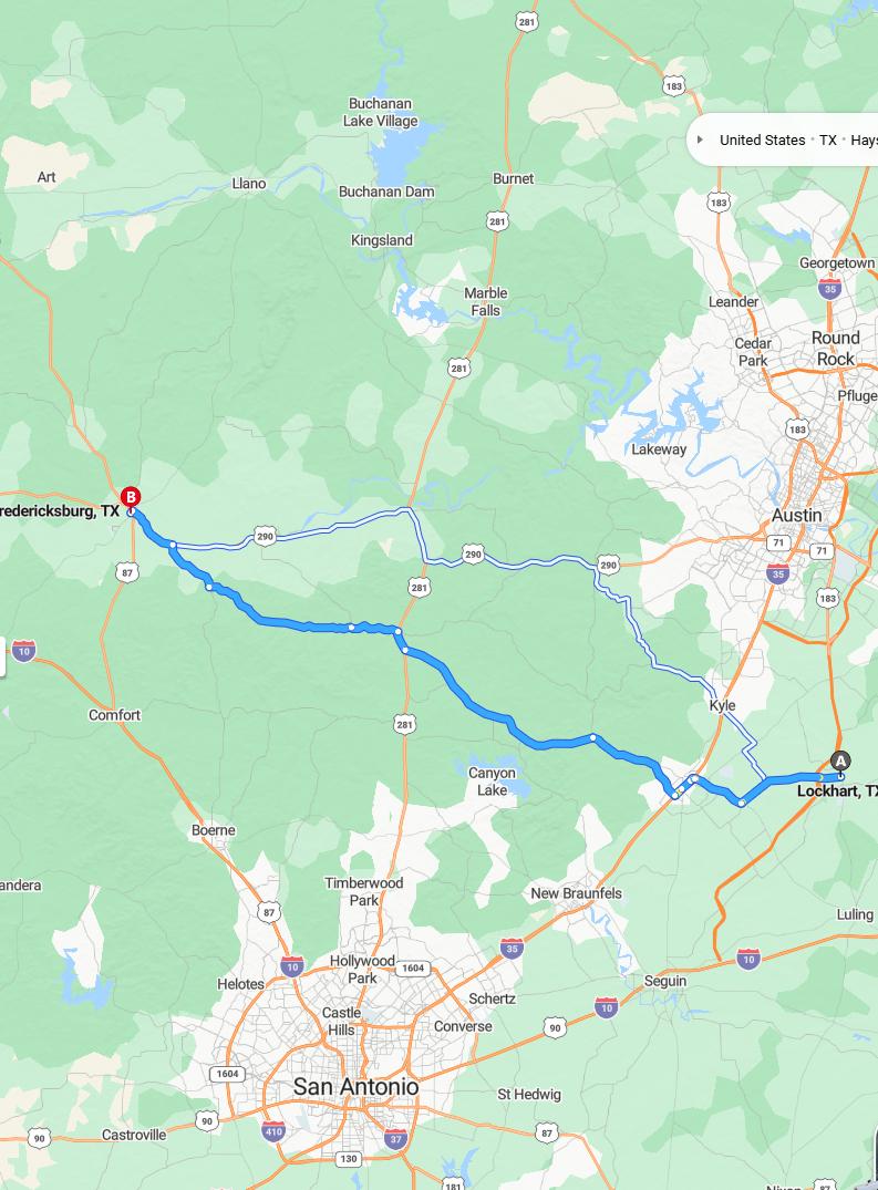 driving from Lockhart, Texas to FredericksburgTexas - map and route