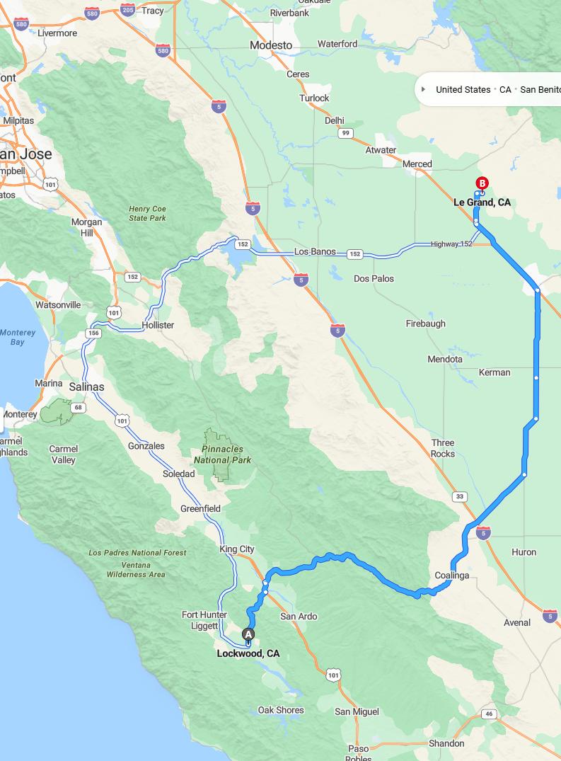 driving from Lockwood, California to Le GrandCalifornia - map and route