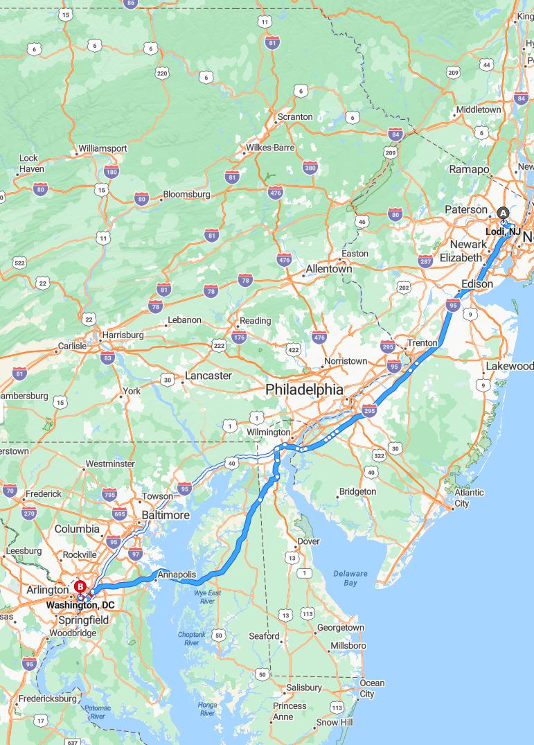 driving from Lodi, New Jersey to WashingtonDistrict of Columbia - map and route