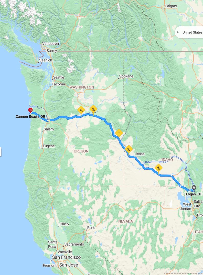 driving from Logan, Utah to Cannon BeachOregon - map and route