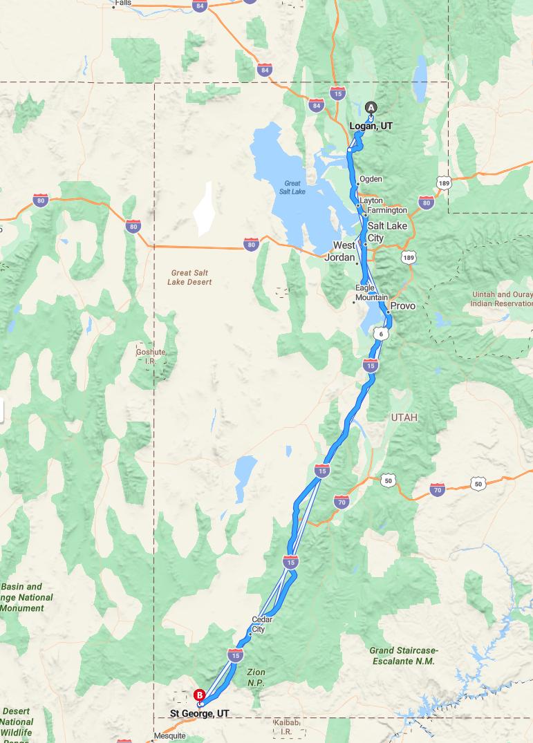 driving from Logan, Utah to St. GeorgeUtah - map and route